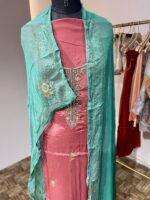 Exquisite Embroidered Crepe Suit Set with Contrasting Chiffon Dupatta - Image 4