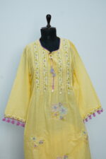 Pastel Yellow Floral Embroidered Malmal Kurta - Image 4