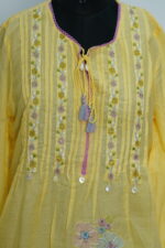 Pastel Yellow Floral Embroidered Malmal Kurta - Image 5
