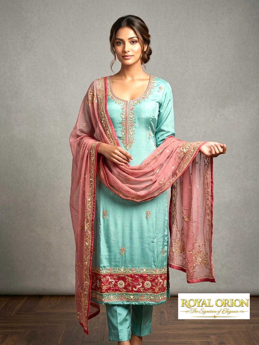 Untitled design (10) Embroidered Crepe Suit Set with Contrast Chiffon Dupatta - Image 1