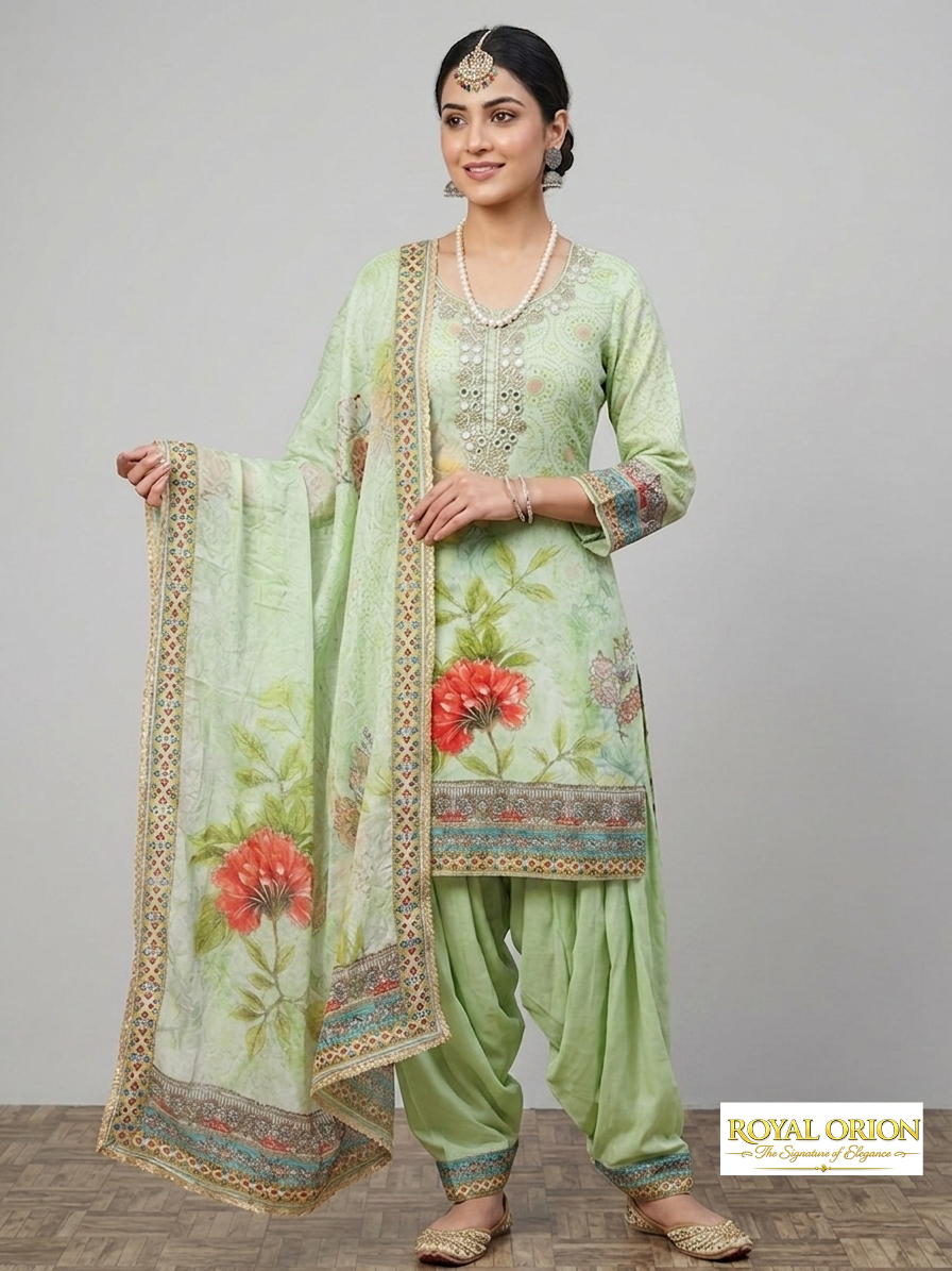 Untitled design (2) Crep Silk- Spring Mirror-Work Suit - Image 1