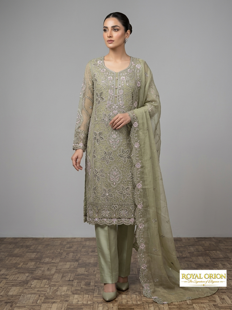Untitled design (7) The Olive Elegance: Premium Zari & Sequin Party Wear Suit - Image 1