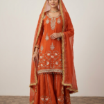 Zaira Rust Pure Silk Hand-Embellished Sharara Set(semi-stich)