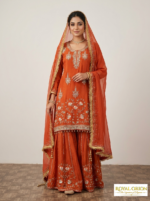Zaira Rust Pure Silk Hand-Embellished Sharara Set(semi-stich)
