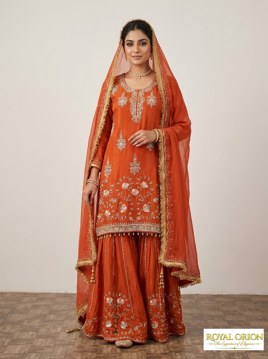 bjbk Zaira Rust Pure Silk Hand-Embellished Sharara Set(semi-stich) - Image 1