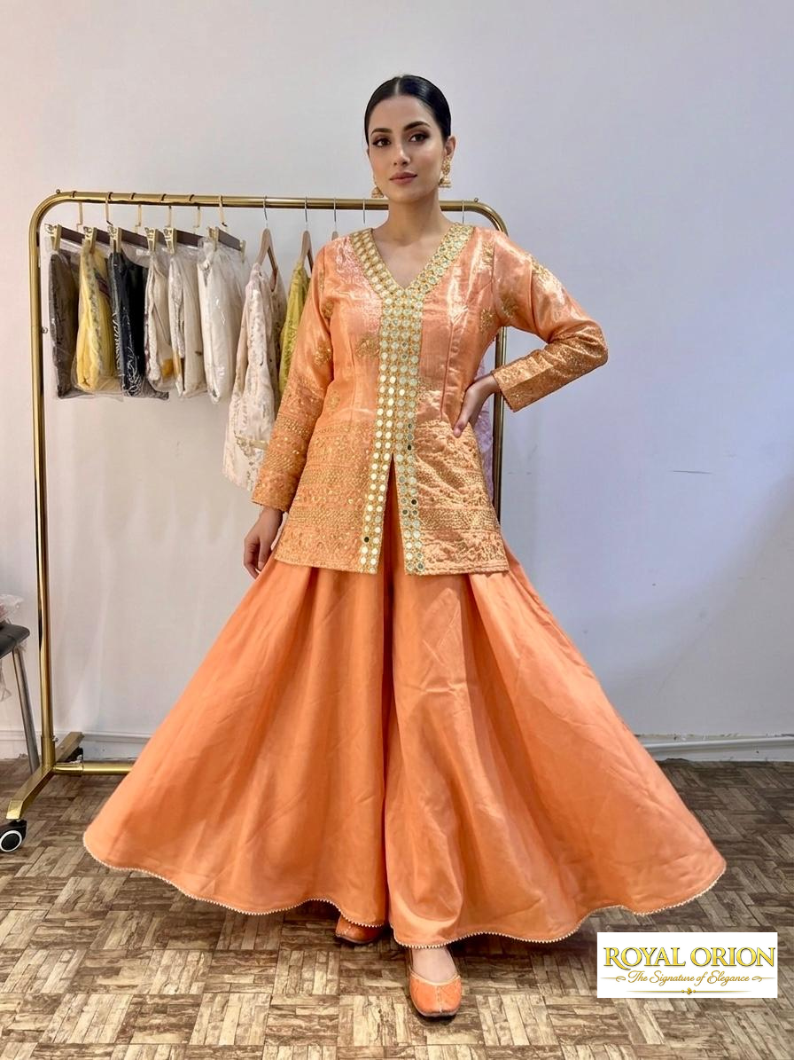 bwz Peach Aura Mirror-Embellished Fandy Silk Palazzo Ensemble - Image 1