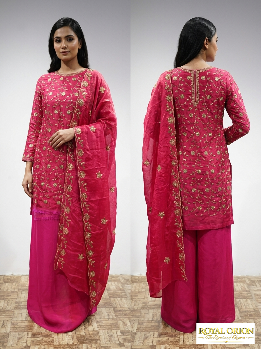 hbby Rani Pink All-Over Embroidered Fandy Silk Unstitched Suit Set - Image 1