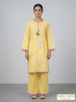 Pastel Yellow Floral Embroidered Malmal Kurta