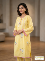 Pastel Yellow Floral Embroidered Malmal Kurta - Image 2