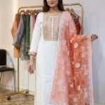 Pristine White Schiffli Embroidered Suit Set with Multicolored Yoke