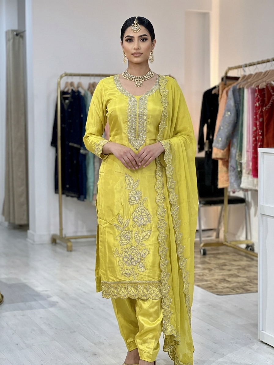 IMG_3478 Radiant Zari & Sequin Embroidered Silk-Blend Suit Set (Available in Lime Green & Coral Pink) - Image 1