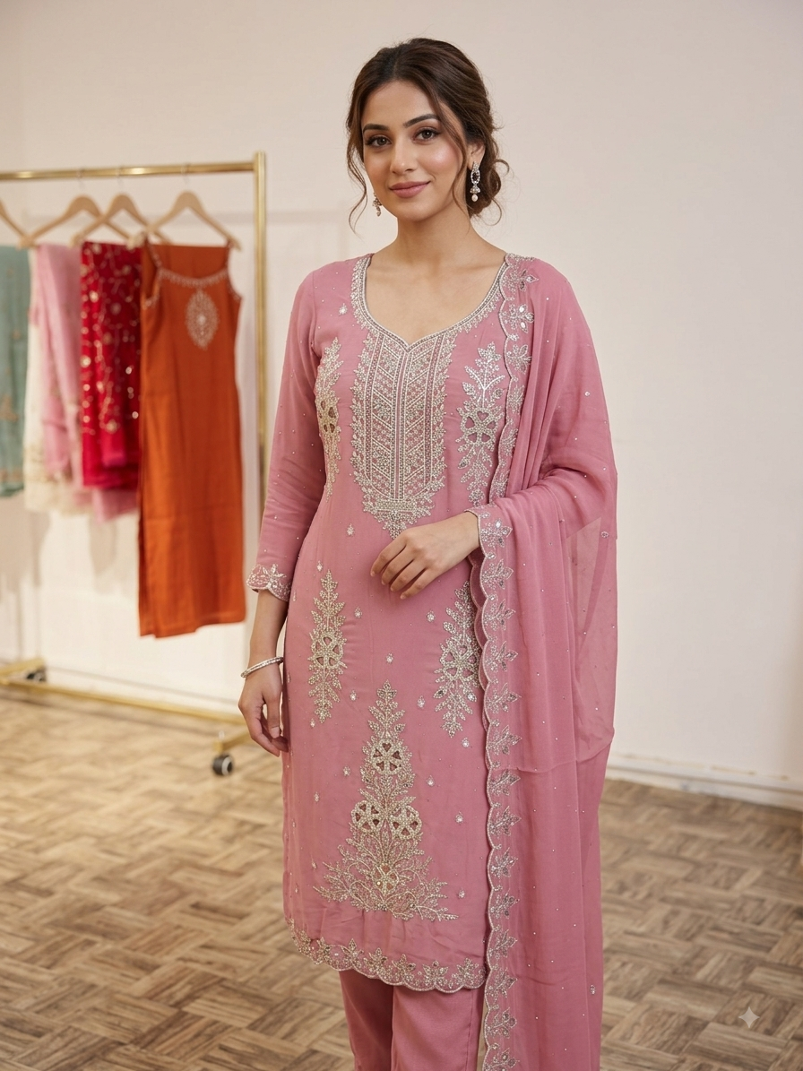 IMG_3492 Exquisite Zari & Sequin Embroidered Suit Set (Available in Dusty Rose Pink & Teal Blue) - Image 1