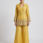 Mustard Yellow Tissue Silk Embellished Kurta Set with Plain Plazo