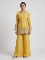 Mustard Yellow Tissue Silk Embellished Kurta Set with Plain Plazo