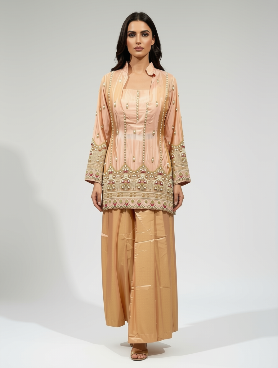 magic_edit#TUFIUkpxWlRyajAjMSMxYjYzODk4YTA0OTIyNzFjNTY3MjRmNWI0MDUyZDdjZiMxMTg0IyNUUkFOU0ZPUk1BVElPTl9SRVFVRVNU Peach Blush Tissue Silk Embellished Kurta Set with Matching Plazo - Image 1
